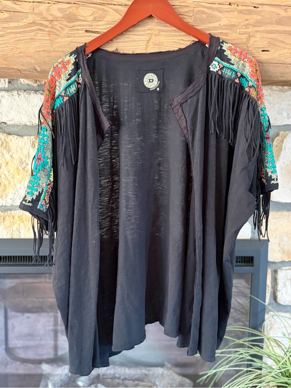 DDR aztec Embroidered Black Fringe Open-Front Women's Top/cardigan small